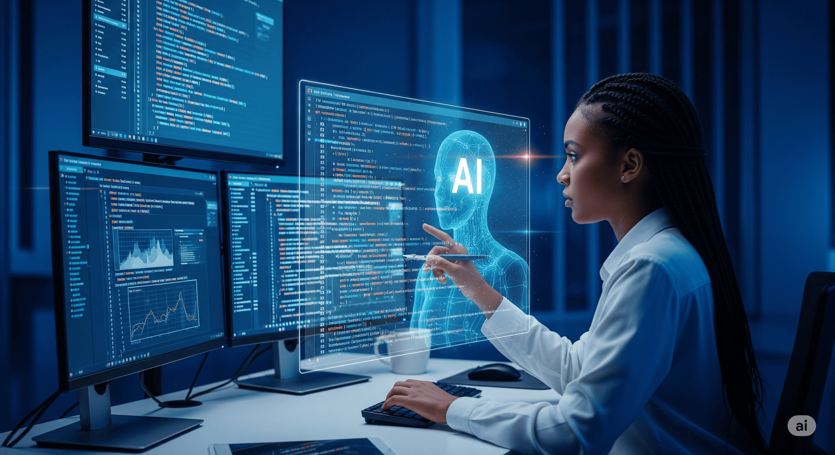 A focused female software engineer, with braided hair, sits at a desk in a dark, blue-lit, futuristic room, collaborating with a holographic AI displaying lines of code on multiple screens.
