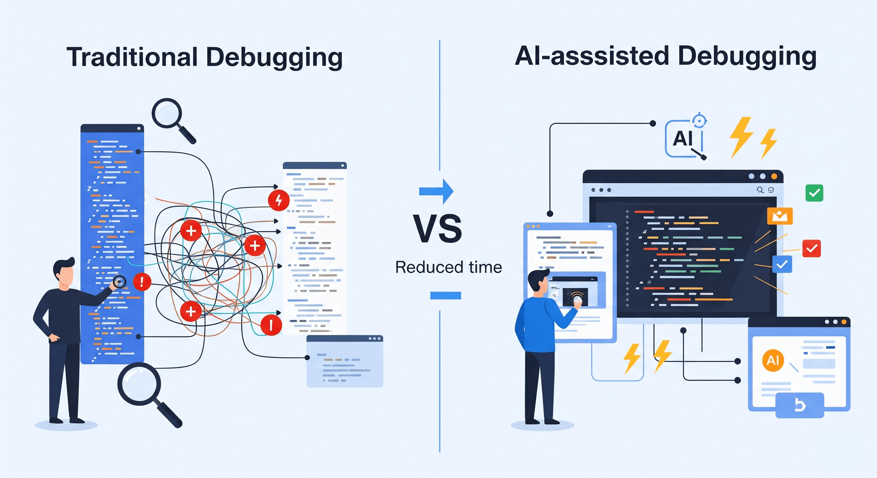 Infographic comparing traditional debugging (complex, messy code, magnifying glasses) with AI-assisted debugging (streamlined, clean code, AI interface, fast solutions), highlighting reduced time.